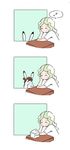  3koma animalization blonde_hair blush brown_hair bunny closed_eyes closed_mouth comic commentary desk diana_cavendish kagari_atsuko little_witch_academia mouth_hold rey_2911 shirt short_sleeves sleeping spoken_zzz white_shirt zzz 