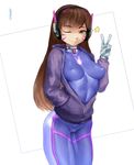  ;) animal_print bangs bodysuit breasts brown_eyes brown_hair bunny_print cameltoe commentary covered_nipples cowboy_shot d.va_(overwatch) facepaint facial_mark gloves hands_in_pockets headphones highres jacket long_hair looking_at_viewer medium_breasts one_eye_closed open_clothes open_jacket otonaru overwatch pilot_suit purple_bodysuit ribbed_bodysuit skin_tight smile solo unzipped v whisker_markings white_gloves 