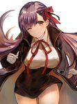  ;d bb_(fate)_(all) bb_(fate/extra_ccc) breasts commentary cowboy_shot fate/extra fate/extra_ccc fate_(series) gloves hair_ribbon high-waist_skirt highres large_breasts long_hair one_eye_closed open_mouth panties pantyshot pantyshot_(standing) purple_eyes purple_hair red_ribbon ribbon sera_nin simple_background skirt smile solo standing underwear very_long_hair white_background white_gloves white_panties wide_sleeves 