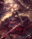  armor armored_boots armored_dress artist_request blonde_hair boots brown_eyes cygames dual_wielding frills hair_ornament high_heels holding looking_at_viewer melissa_(shingeki_no_bahamut) official_art ruins serious shadowverse shingeki_no_bahamut short_hair solo sword weapon 