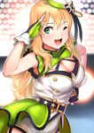  ;d belt blonde_hair breasts cleavage cleavage_cutout commentary_request eyebrows_visible_through_hair fingerless_gloves gloves green_eyes hat hoshii_miki idolmaster idolmaster_(classic) idolmaster_stella_stage long_hair looking_at_viewer medium_breasts one_eye_closed open_mouth pettan_p salute smile solo top!_clover 