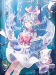  blue_hair blush bow bubble collarbone eyebrows horns long_hair looking_at_viewer o_yat original parted_lips red_bow red_eyes sea_angel smile solo thick_eyebrows underwater 