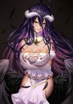  aaeru ahoge albedo bangs bare_shoulders black_background black_feathers black_hair black_wings blush breast_hold breasts cleavage commentary_request demon_girl demon_horns dress elbow_gloves emerald eyebrows_visible_through_hair falling_feathers feathered_wings feathers gem gloves hair_between_eyes highres hip_vent horns large_breasts long_hair looking_at_viewer low_wings multicolored_hair off-shoulder_dress off_shoulder overlord_(maruyama) parted_lips pink_hair self_fondle shiny shiny_hair simple_background slit_pupils smile solo straight_hair tsurime turtleneck two-tone_hair white_dress white_gloves wings yellow_eyes 