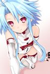  bare_shoulders blue_hair close-up elbow_gloves gloves highres iwasi-r kami_jigen_game_neptune_v kneeling leaning_forward leotard neptune_(series) power_symbol red_eyes short_hair_with_long_locks smile solo symbol-shaped_pupils thighhighs white_heart 