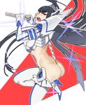  ass back bangs black_hair blue_eyes blunt_bangs breasts eyebrows_visible_through_hair gloves high_heels holding holding_sword holding_weapon junketsu katana kikomo kill_la_kill kiryuuin_satsuki large_breasts leg_up long_hair looking_at_viewer open_mouth revealing_clothes sideboob solo sword thighhighs two-handed very_long_hair weapon wedgie white_gloves white_legwear 