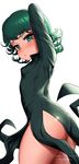  arm_up ass banned_artist black_dress blush breasts commentary curly_hair dress english_commentary green_eyes green_hair highres looking_at_viewer one-punch_man otto side_slit signature small_breasts solo tatsumaki thick_thighs thighs watermark web_address white_background 