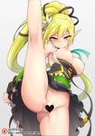  ass_visible_through_thighs bare_shoulders blonde_hair blush breasts censored cleavage closed_mouth dress elf elsword eyebrows_visible_through_hair flower green_eyes green_hair grey_background hair_flower hair_ornament heart heart_censor large_breasts leg_up long_hair looking_at_viewer nipples pointy_ears ponytail pussy pussy_peek rena_(elsword) revision simple_background smile solo spread_legs standing standing_on_one_leg underboob very_long_hair waero wind_sneaker_(elsword) 
