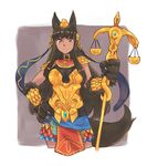  1girl alternate_costume animal_ears anubis_(monster_girl_encyclopedia) armor bangs belt_collar black_hair boobplate breasts closed_mouth commission contrapposto cropped_legs egyptian eyebrows_visible_through_hair fur gold_armor hair_ornament highres holding ignacio_penailillo large_breasts looking_at_viewer monster_girl monster_girl_encyclopedia paws pelvic_curtain purple_background red_eyes scale scale_armor snake_hair_ornament solo spaulders standing tail vambraces wolf_ears wolf_tail 