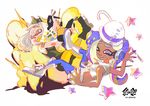  boater_hat boots cane cephalopod_eyes commentary_request crown dark_skin explosion highres hime_(splatoon) iida_(splatoon) inoue_seita logo midriff multiple_girls official_art smile splat_dualies_(splatoon) splatoon_(series) splatoon_2 star tentacle_hair 