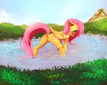  2018 anus blush butt cutie_mark dock equine feathered_wings feathers female feral fluttershy_(mlp) friendship_is_magic hair hi_res looking_at_viewer mammal miokomata my_little_pony outside pegasus pink_hair pussy smile solo water wings 