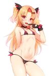  1girl absurdres akatsuki_yuni arm_behind_back bikini blonde_hair blush breasts collarbone commentary_request fang gloves groin hair_ornament hairclip harigane_shinshi highres long_hair looking_at_viewer micro_bikini navel open_mouth red_eyes ribbon small_breasts solo swimsuit twintails uni_channel virtual_youtuber white_background 