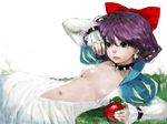 1girl apple breasts earrings female fruit hair_bow lips lying mole navel on_side open_shirt pon puffy_short_sleeves purple_hair solo spiked_collar 