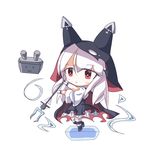  :&lt; :3 absurdres animal_hat azur_lane bangs black_cape black_footwear black_hat black_skirt cannon cape closed_mouth commentary_request erebus_(azur_lane) eyebrows_visible_through_hair gloves hair_between_eyes hat highres holding jyll long_hair long_sleeves red_eyes shirt shoes silver_hair simple_background skirt solo standing standing_on_one_leg striped striped_legwear thighhighs torn_cape torn_clothes torn_hat turret white_background white_gloves white_shirt wide_sleeves 
