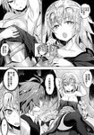  1boy 1girl absurdres ahoge armor armored_dress arms_behind_head bangs blush braid breast_hold breasts capelet chains cleavage cloak comic couple eyebrows_visible_through_hair fate/apocrypha fate_(series) greyscale headpiece highres jeanne_d&#039;arc_(fate) jeanne_d&#039;arc_(fate)_(all) jima_yuu large_breasts legs_crossed long_braid long_hair looking_at_another monochrome night red_eyes ruler_(fate/apocrypha) shirt short_hair sieg_(fate/apocrypha) single_braid sitting speech_bubble sweatdrop thighhighs thighs translation_request very_long_hair waist_cape waistcoat 