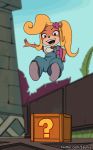  2019 animated anthro bandicoot blonde_hair breasts clothed clothing coco_bandicoot crash_bandicoot_(series) crate female flower green_eyes grin hair holding_object jumping long_hair mammal marsupial overalls plant shirt smile solo t-shirt video_games zaun-derground 