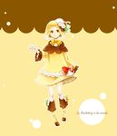  blonde_hair bow brown_eyes cherry_hair_ornament dress food food_themed_clothes food_themed_hair_ornament full_body hair_ornament hand_up highres looking_at_viewer parted_lips pocketland pudding red_bow short_hair simple_background smile solo toono_(kanagawa) white_legwear yellow_bow yellow_dress yellow_footwear 