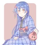  bangs blue_hair blush commentary_request eyebrows_visible_through_hair flower hair_between_eyes hair_flower hair_ornament holding japanese_clothes kimono kinchaku long_hair long_sleeves looking_at_viewer love_live! love_live!_school_idol_festival love_live!_school_idol_project plaid pouch shijimi_kozou simple_background sitting smile solo sonoda_umi wide_sleeves yellow_eyes 