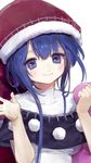  ainy77 blue_eyes blue_hair doremy_sweet hat long_hair looking_at_viewer open_palm smile solo touhou white_background 