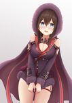  absurdres alternate_costume bare_shoulders black_hair blue_eyes blush breasts cape cleavage commentary_request cosplay hair_between_eyes highres hood hoodie ichimichi_mao idolmaster idolmaster_cinderella_girls kata2yama large_breasts long_hair looking_at_viewer off_shoulder sagisawa_fumika seiyuu_connection shadowverse solo wizardess_of_oz 