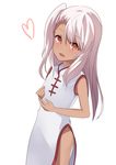  :d absurdres bangs bare_arms blush brown_eyes china_dress chinese_clothes chloe_von_einzbern commentary dark_skin dress eyebrows_visible_through_hair fate/kaleid_liner_prisma_illya fate_(series) hair_between_eyes heart highres long_hair looking_at_viewer natsu_(sinker8c) one_side_up open_mouth pelvic_curtain silver_hair simple_background sleeveless sleeveless_dress smile solo white_background white_dress 