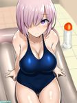  air_mattress arm_support blush breasts cleavage collarbone fate/grand_order fate_(series) hair_over_one_eye highres large_breasts lavender_hair looking_at_viewer mash_kyrielight one-piece_swimsuit purple_eyes shiny shiny_hair shiny_skin sitting smile soapland swimsuit tile_floor tiles tomato_rice 