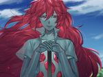  androgynous blue_sky cao_hong_anh cloud day elbow_gloves gem gloves houseki_no_kuni long_hair looking_at_viewer open_clothes open_shirt padparadscha_(houseki_no_kuni) red_eyes red_hair shirt sky smile solo 