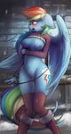  2018 absurd_res anthro anthrofied blue_feathers blush breasts clothed clothing clothing_lift cutie_mark d00mf1sh ear_piercing equine feathered_wings feathers female friendship_is_magic hi_res legwear mammal my_little_pony navel nipples open_mouth panties panty_pull pegasus piercing pussy rainbow_dash_(mlp) shirt shirt_lift standing stockings tongue underwear undressing wings 