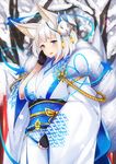  animal_ears azur_lane black_gloves blue_eyes eyebrows_visible_through_hair eyeliner fingerless_gloves fox_ears fox_mask fox_tail fur_collar fur_trim gloves hair_ornament heart highres japanese_clothes kaga_(azur_lane) kimono long_sleeves looking_at_viewer makeup mask mask_on_head multiple_tails open_mouth short_hair snow solo tail tobimura white_hair wide_sleeves 