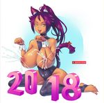  2018 animal_humanoid areola big_breasts bleach_(series) bow breasts cat_humanoid clothing dark_skin erect_nipples feline female hair huge_breasts humanoid kneeling lactating legwear long_hair looking_at_viewer mammal milk nipples open_mouth ponytail purple_hair rubber simple_background slit_pupils socks solo stirrup_socks supersatanson thick_thighs thigh_highs toes tongue tongue_out yellow_eyes yoruichi_shihoin 
