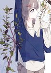  arm_up asai_umi bangs beige_pants commentary_request earrings expressionless grey_eyes grey_hair hair_ornament hairpin half_updo hand_up highres jewelry long_hair long_sleeves original plant short_over_long_sleeves short_sleeves sleeves_past_fingers sleeves_past_wrists solo upper_body 