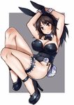  animal_ears arms_up badge black_eyes black_footwear black_hair black_leotard black_neckwear bow bowtie breasts bunny_ears bunny_tail bunnysuit cleavage covered_nipples detached_collar girls_und_panzer high_heels kou_(garakuta_teikoku) large_breasts leg_garter leotard long_hair murakami_(girls_und_panzer) shark solo strapless strapless_leotard tail wrist_cuffs 