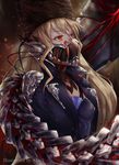  akais artist_name bangs blonde_hair blood code_vein commentary eyebrows_visible_through_hair face_mask fur_hat hat highres jacket long_hair looking_up mask mia_karnstein papakha red_eyes solo tail tube 