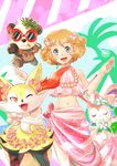  :d ;d blue_eyes braixen closed_eyes flower gen_6_pokemon hair_flower hair_ornament hands_up head_wreath konna-nani lei light_brown_hair midriff mouth_hold navel one_eye_closed open_mouth pancham pokemon pokemon_(anime) pokemon_(creature) pokemon_(game) pokemon_xy red-framed_eyewear serena_(pokemon) short_hair smile standing sunglasses sylveon 