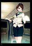  40hara :d absurdres airplane_interior black_border black_eyes blue_hat blue_skirt blush border breasts brown_hair buttons ceiling_light earphones earphones_removed gloves green_neckwear green_ribbon hat highres jacket legs_together long_sleeves looking_at_viewer neck_ribbon open_mouth original pencil_skirt ribbon scan seat short_hair skirt small_breasts smile solo standing stewardess tareme television uniform white_gloves white_jacket 