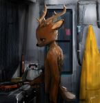  2017 anthro antlers cervine clothed clothing cooking deer frying_pan fur holding_object horn inside kettle male mammal panzery25 raincoat signature solo spots spotted_fur standing stove topless 