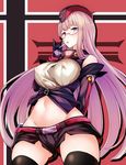  arm_behind_back ass_visible_through_thighs azur_lane bare_shoulders black_legwear blue_eyes breasts candy covered_nipples eating elbow_gloves eyebrows_visible_through_hair food glasses gloves gneisenau_(azur_lane) groin hat highres large_breasts lavender_hair lollipop long_hair looking_at_viewer midriff navel solo thighhighs tobimura 