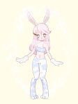 2019 animal_humanoid blue_fur blush breasts bubble carrot clothed clothing digital_media_(artwork) female food fur gloves green_eyes hair hi_res humanoid lagomorph lagomorph_humanoid looking_at_viewer mammal multicolored_fur navel rabbit_humanoid reinagoth simple_background small_breasts smile solo usawa_fuwakaru vegetable white_fur 