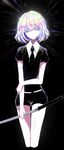  absurdres androgynous bare_legs black_background black_neckwear blue_eyes commentary cowboy_shot diamond_(houseki_no_kuni) emphasis_lines gem_uniform_(houseki_no_kuni) hair_between_eyes highres holding holding_sword holding_weapon houseki_no_kuni katana looking_at_viewer necktie puffy_short_sleeves puffy_sleeves sheya short_hair short_shorts short_sleeves shorts solo sparkle sword weapon white_hair 