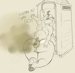  2018 anthro anus big_butt butt dialogue digital_media_(artwork) english_text eyes_closed fart female fur hair hooves hybrid hyper hyper_anus mammal monochrome nastysashy_(artist) nude outhouse puffy_anus simple_background skunk slightly_chubby solo text thick_thighs wide_hips 