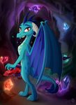  2018 blue_scales cave crystals dragon eyebrows eyelashes eyeshadow female friendship_is_magic full-length_portrait hi_res holding_object horn inside looking_at_viewer looking_back makeup mascara membranous_wings my_little_pony portrait princess_ember_(mlp) red_eyes scales shadow signature sirzi slit_pupils solo staff wings 