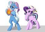  2017 absurd_res blue_hair cup cute cutie_mark duo equine eyebrows eyelashes faline-art female fire friendship_is_magic hair hat hi_res horn magic mammal mostly_nude multicolored_hair my_little_pony navel open_mouth purple_eyes scarf shadow simple_background smile sparkles standing starlight_glimmer_(mlp) striped_scarf stripes surprise tea_cup teeth tongue trixie_(mlp) two_tone_hair unicorn white_background 