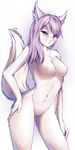 2018 anthro blue_fur breasts cat colored digital_drawing_(artwork) digital_media_(artwork) feline female fluffy fluffy_tail fur hair hi_res likunea line_art looking_at_viewer mammal medium_breasts nipples nude pose pussy raised_tail signature simple_background solo standing white_background white_fur young 
