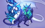  2018 blue_hair claws digital_media_(artwork) dragon duo female feral hair horn membranous_wings oksara scalie simple_background western_dragon wings 