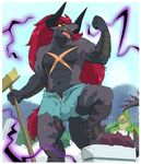 anthro barazoku batzz_(buddyfight) black_scales blush booty_shorts broom bulge clothed clothing cock_slip dragon flaccid future_card_buddyfight hair horn humanoid_penis larger_male male muscular muscular_male partially_clothed penis perspective pose pubes red_hair reptile scales scalie size_difference standing topless yellow_eyes zerofox1000 