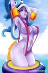  2017 arms_above_head beach big_breasts bikini breasts cephalopod clothed clothing female hair hands_above_head hat hi_res horn humanoid inner_tube league_of_legends lord_dominik_(artist) lulu_(lol) magic mammal marine nipple_bulge octopus purple_hair purple_skin pussy riot_games seaside sling_bikini smile solo squid standing swimsuit text video_games water yellow_eyes yordle 