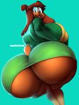  2018 anthro big_butt bottomless breasts butt canine carla_(ok_k.o.!_let&rsquo;s_be_heroes) clothed clothing cyan_background dog dress female huge_butt legwear looking_at_viewer mammal ok_k.o.!_let&#039;s_be_heroes open_mouth simple_background solo tights tongue tongue_out upskirt vhsdaii 