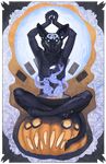  abstract_background anthro black_fur blackpassion777 breasts canine card claws female fire food front_view fruit fur glowing glowing_eyes humanoid_hands jack-o&#039;-lantern looking_at_viewer magic mammal nude pumpkin sitting skull_face_paint smoke solo tarot_card 