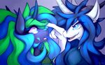 2018 blue_eyes blue_hair digital_media_(artwork) dragon duo green_hair hair horn oksara simple_background smile 