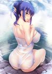  1girl ass bath blue_eyes blush breasts curvy erect_nipples female huge_ass large_breasts lilith-soft long_hair looking_at_viewer looking_back misao_~injoku_ninpouden~ nobushito_kuro nude scar shiny taimanin_(series) taimanin_asagi_battle_arena towel water yukishiro_misao 