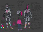  &lt;3 1_eye 2018 ambiguous_gender backpack bodypaint cable_bondage clothed clothing commander_ledi english_text featureless_crotch footwear fully_clothed hoodie humanoid machine metal model_sheet not_furry nude pen pink_eyes robot rubber shiny shoes solo stitches text wire 